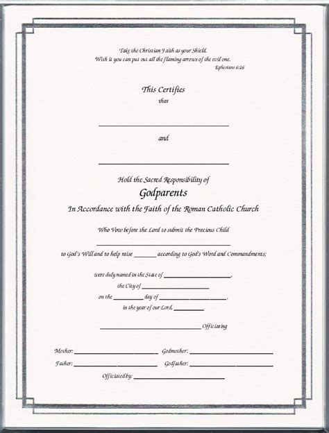 Keepsake Catholic Godparent 85 X 11 Inch Certificate Silver Border
