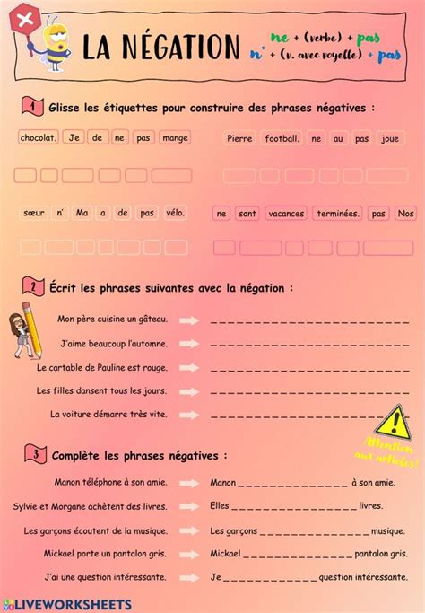 La Négation Interactive Worksheet Basic French Words French