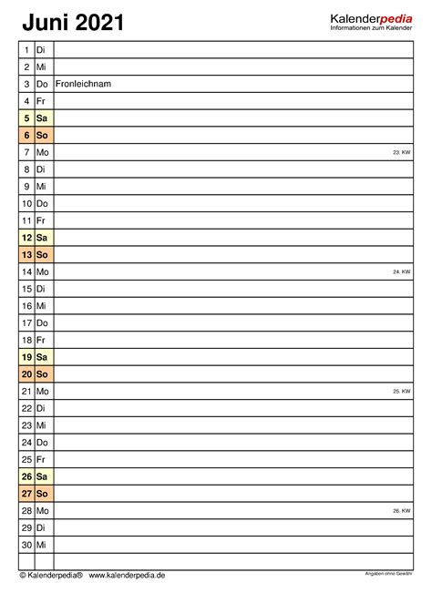 Kalender Juni 2021 Als Excel Vorlagen