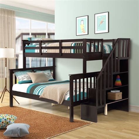 Solid Wood Twin Over Full Bunk Bed Modern Bunk Bed Frame With Ladder Safety Rail And Storage