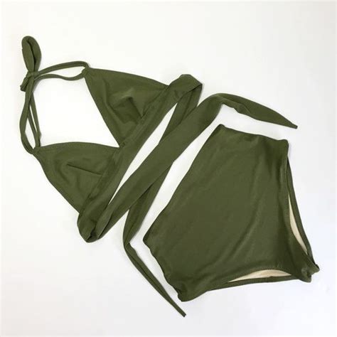 Women S Vintage Swimsuit High Waist Olive Green Bathing Olive Green