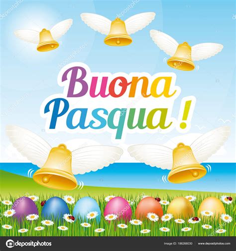 Beautiful Colorful Happy Easter Greeting Card Easter Eggs Bells Italian