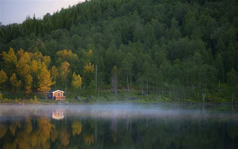 Landscape Nature Cottage Lake Forest Hill Mist Water Reflection Trees