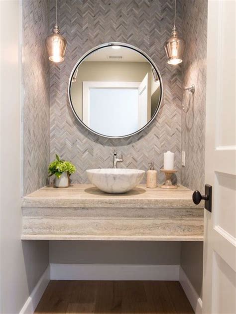Round mirror, floating timber vanity and gunmetal tap wear. Adorable Powder Room Ideas (modern, small, and decorating ...