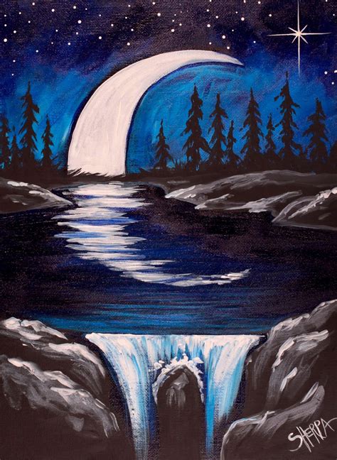 Moon And Waterfall At Night Easy Painting In Acrylic Waterfall