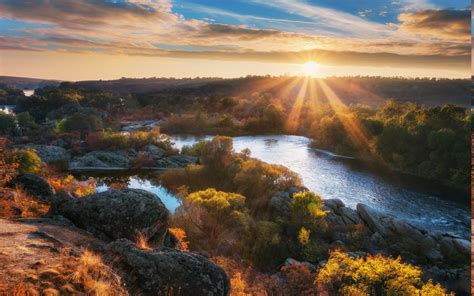 Nature Landscape Sun Rays Fall River Sunrise Hill Trees Shrubs Clouds Ukraine Water