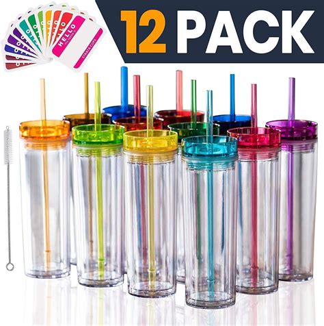 Skinny Tumblers 12 Colored Acrylic Tumblers With Lids And Straws Skinny 16oz Double Wall