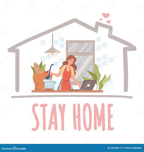 Stay Home Banner Concept Woman Cooking And Working On Laptop During