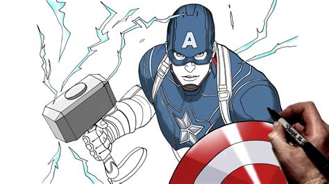 How To Draw Captain America With Mjolnir Step By Step Avengers
