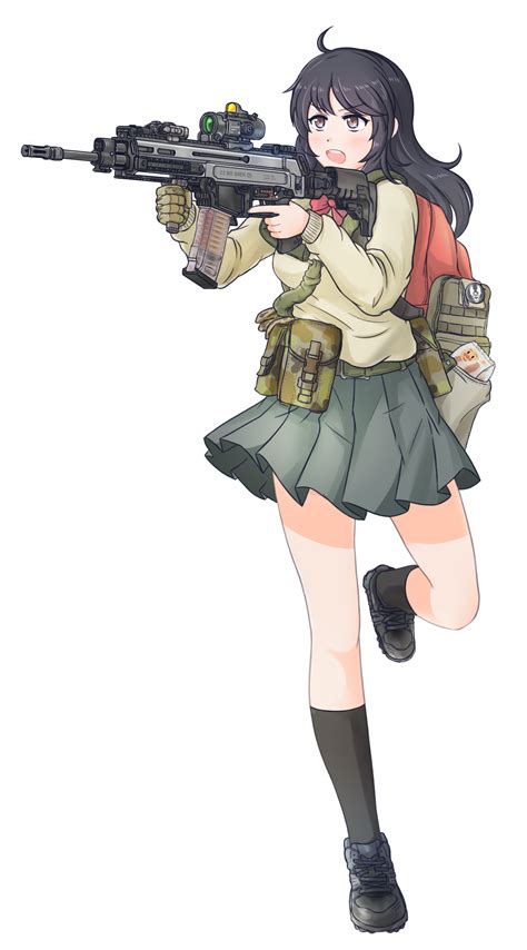 Safebooru 1girl Ahoge Aiming Assault Rifle Backpack Bag Black Hair