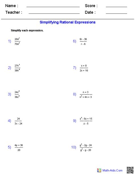Algebra 1 Worksheets Rational Expressions Worksheets