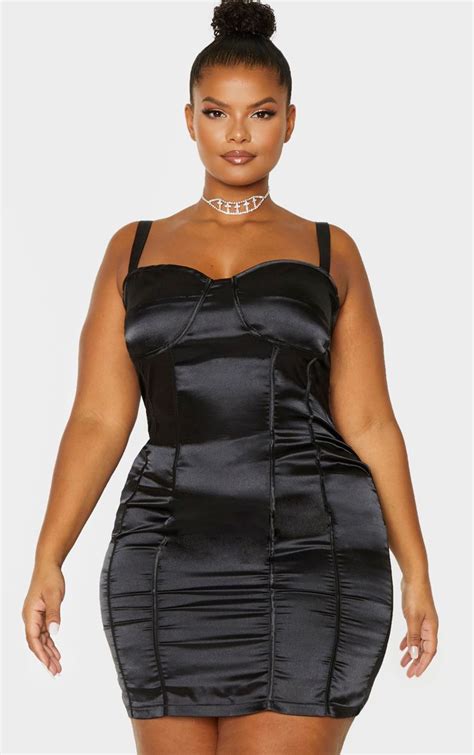 Plus Black Satin Corset Detail Bodycon Dress Bodycon Dress Plus Size