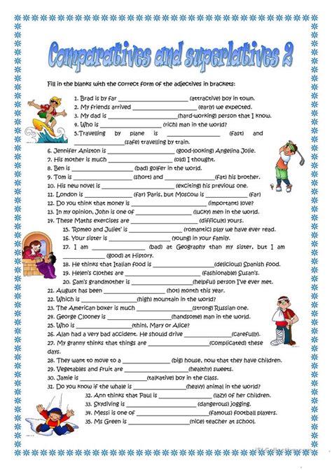 This worksheet will help your students form these two types of adjectives and teach them the rules about how to do it! COMPARATIVES worksheet - Free ESL printable worksheets ...