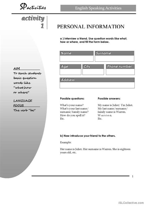 Personal Information English Esl Worksheets Pdf And Doc