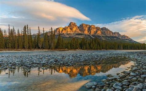 Nature Landscape Mountains Trees River Sunset Reflection Stones Clouds Sunlight