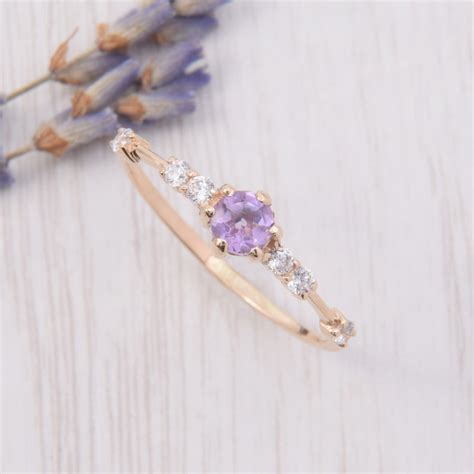 14k Solid Rose Gold Dainty And Elegant Amethyst Promise Ring For Etsy