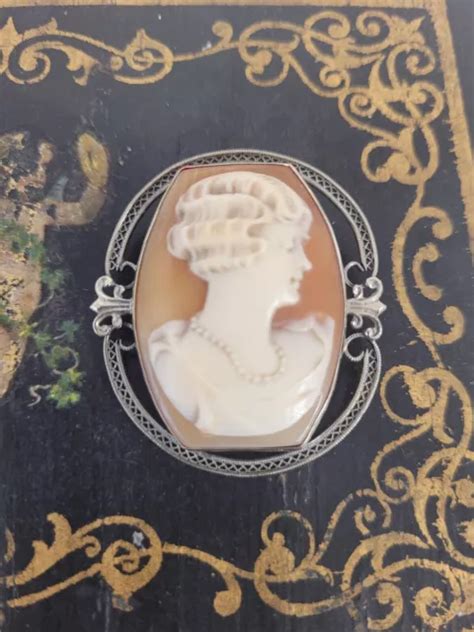 Antique Victorian 14k Cameo Brooch Filigree White Gold Pearl Necklace