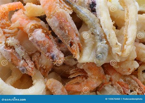 Macro Photography Of Fried Fish And Seafood In The Restaurant Stock
