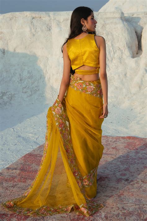 Buy Paulmi And Harsh Yellow Embroidered Organza Saree With Blouse
