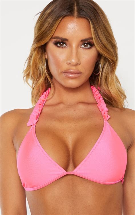 Hot Pink Pleated Triangle Bikini Top Prettylittlething Aus