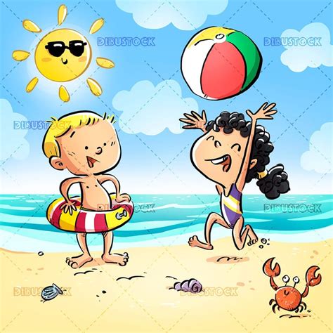 Niños Jugando Felices En La Playa Dibustock Dibujos E Ilustraciones