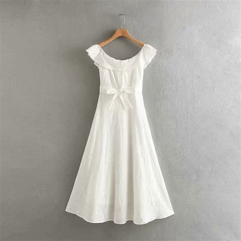 Female Summer Embroidered Cotton Dress Off The Shoulder A Line Hollow Out Ruffles Lace Up Sash