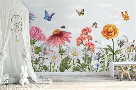 Kids Floral Wallpaper Cute Flower Gardens Wall Mural Peel And Etsy