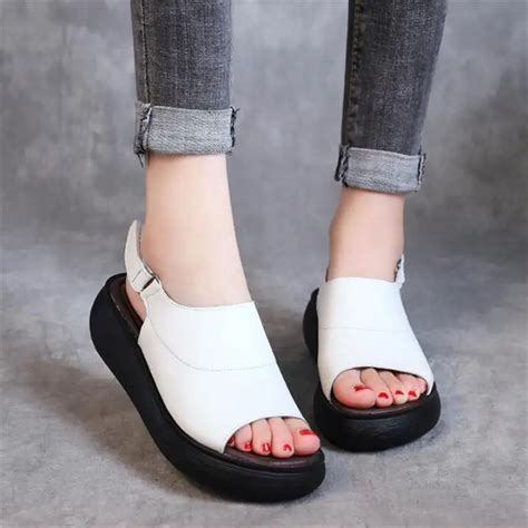 Rushiman Women Sandals 2019 New Genuine Leather Summer Shoes Wedge