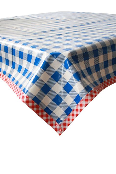 Money back guarantee · 10,000+ fabric patterns Large Gingham Blue Oilcloth Tablecloth with Red Gingham ...