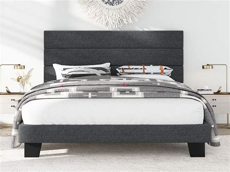 Allewie Queen Size Platform Bed Frame With Fabric Upholstered Headboard Dark Grey Ex Tremes