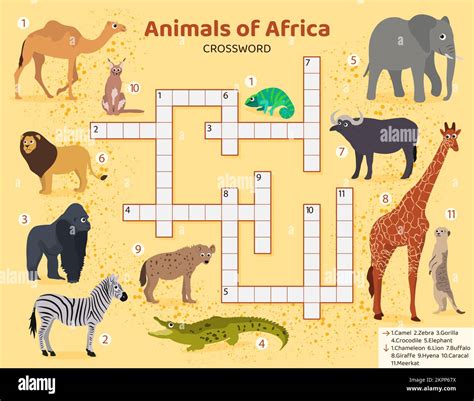 Crucigrama En Inglés Para Niños Con Animales Africanos Imagen Vector De