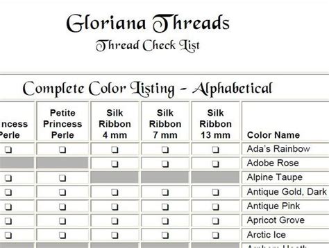 Gloriana Silk Floss Conversion Chart
