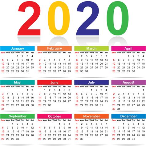 Printable Yearly Calendar 2020 Excel Calendar Vector Calendar