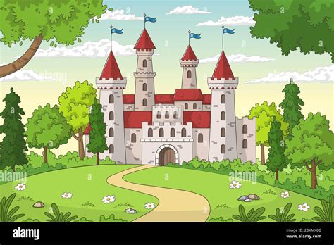 Castle In The Forest Hand Drawn Vector Illustration With Separate