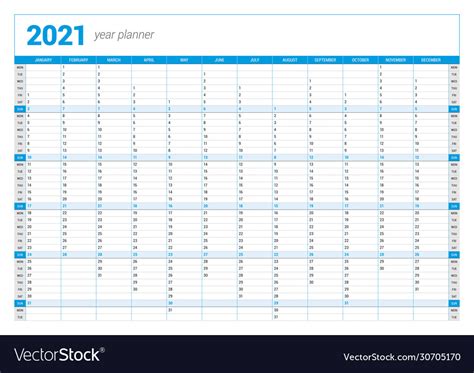 2021 Linear Calendar Vector Illustration Yearly Template Grid Planner
