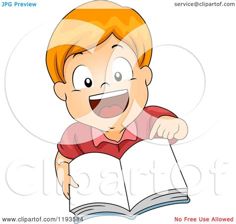 Cartoon Of A Happy Red Haired Caucasian Boy Pointing To And Holding Up
