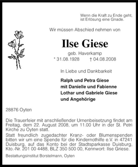 Traueranzeigen Von Ilse Giese Trauerkreiszeitungde