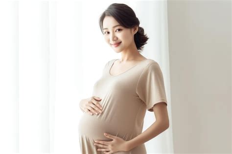 premium ai image photograph of pregnant asian woman smiling and holding belly pregnant korean