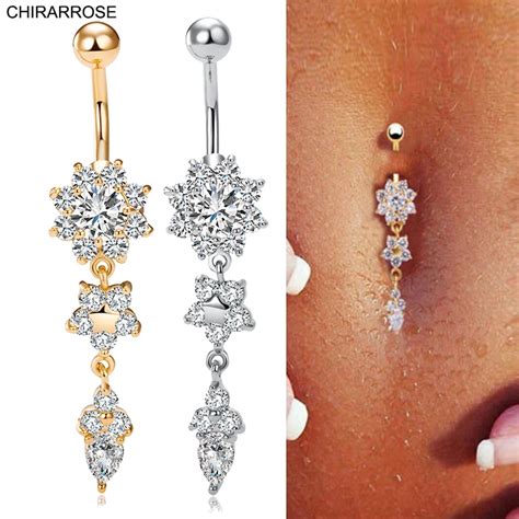 Dangle Belly Bars Belly Button Rings Silver Plated Belly Piercing Natural Zircon Crystal Flower