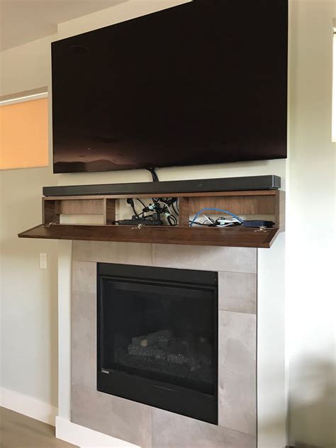 modern walnut fireplace mantel with drop front shelf hidden storage media storage etsy
