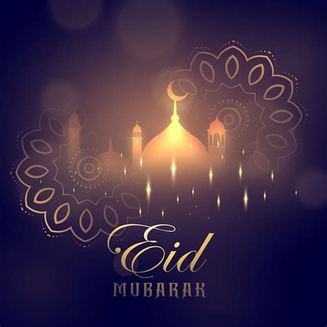 Eid Mubarak Greeting Card Design With Glowing Mosque And Mandala