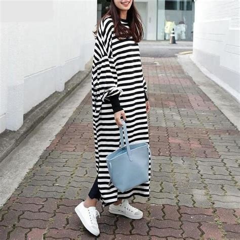 Black And White Striped Plus Size Sweater Dress Long Sweatshirt Dress
