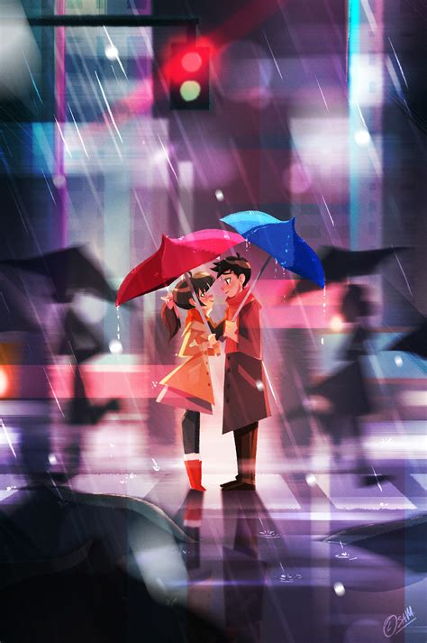 Фото Девушка с парнем прячутся под зонтами от дождя стоя на улице и глядя друг другу в глаза