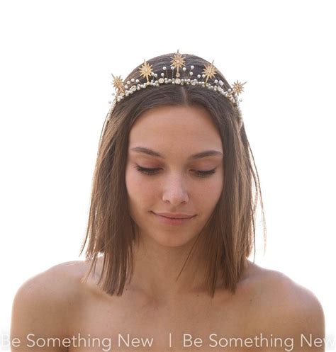 celestial wedding crown rhinestone and pearl headpiece in silver or gold ivory wedding headpiece
