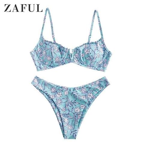 Zaful Floral Print Lettuce Lace Up Bikini Set Strapless Off The