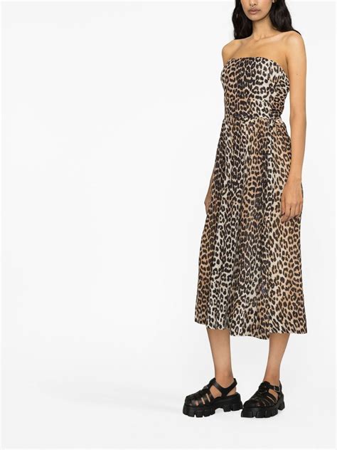 Ganni Leopard Print Cotton Midi Dress In Brown Modesens