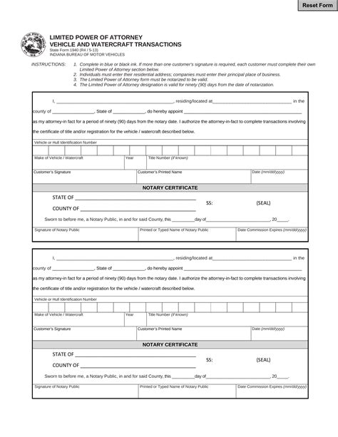 Free Indiana Motor Vehicle Power Of Attorney Form 01940 Pdf Eforms