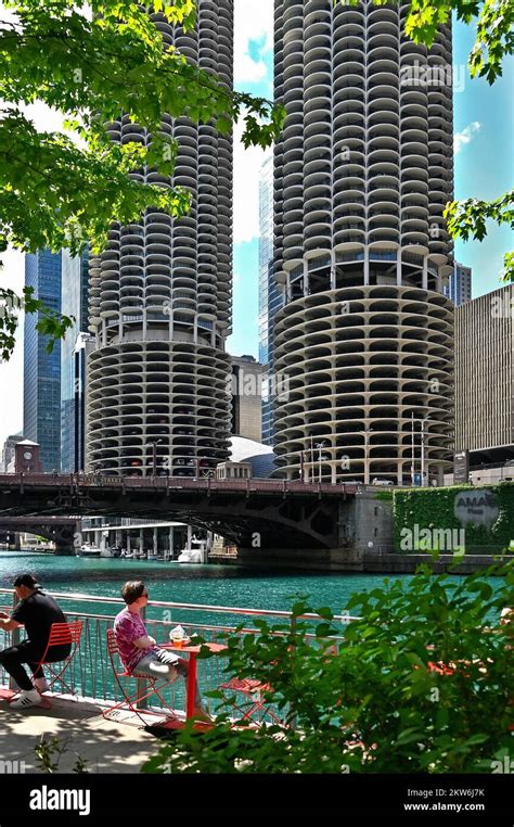 Chicago River Riverwalk And The Marina Towers Chicago Illinois