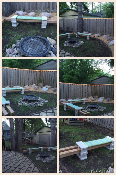 Diy cinder block seating around a firepit with rope lighting around the