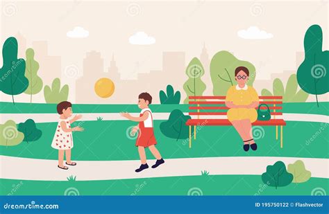 Niños Juegan En El Parque De Verano Dibujos Animados Felices Niños